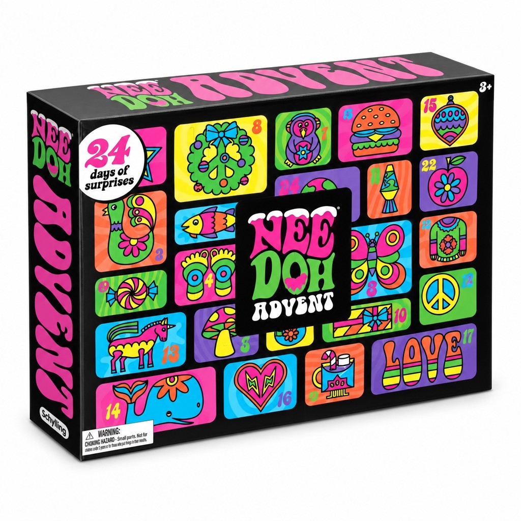 Squishy Adventskalender 2026: schwarze Box mit bunten Neon-Kacheln und 24 Türchen