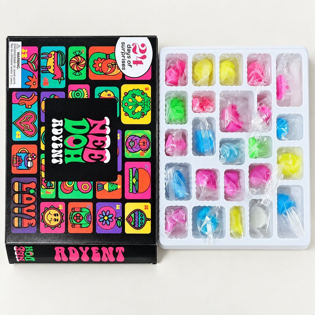 Geöffneter Squishy Adventskalender: Einsatz mit 24 einzeln verpackten Quetschfiguren in Neonfarben