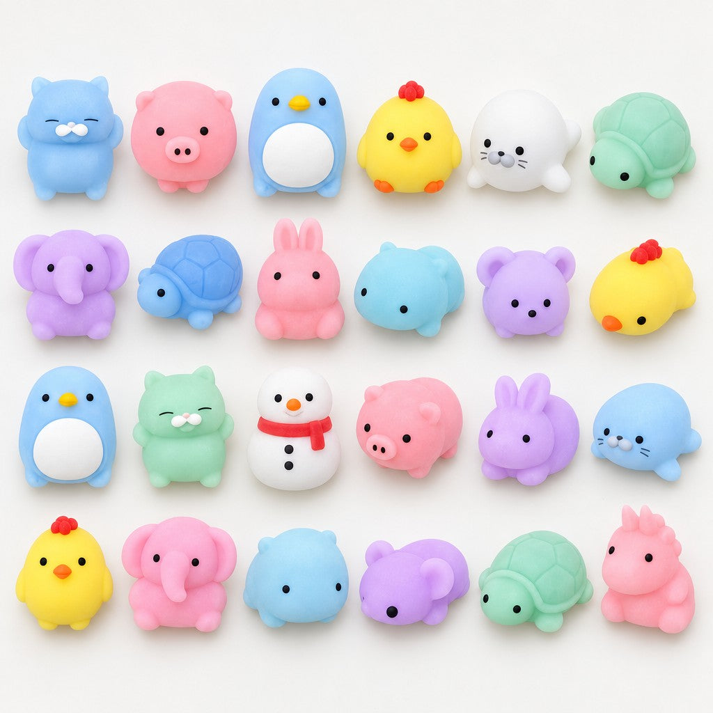 Inhalt als Beispiel: 24 kleine Mochi-Quetschtiere in Pastellfarben in vier Reihen
