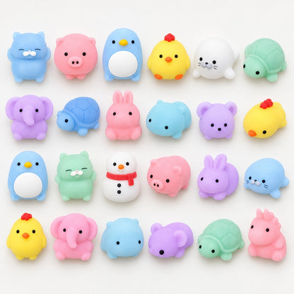 Inhalt als Beispiel: 24 kleine Mochi-Quetschtiere in Pastellfarben in vier Reihen