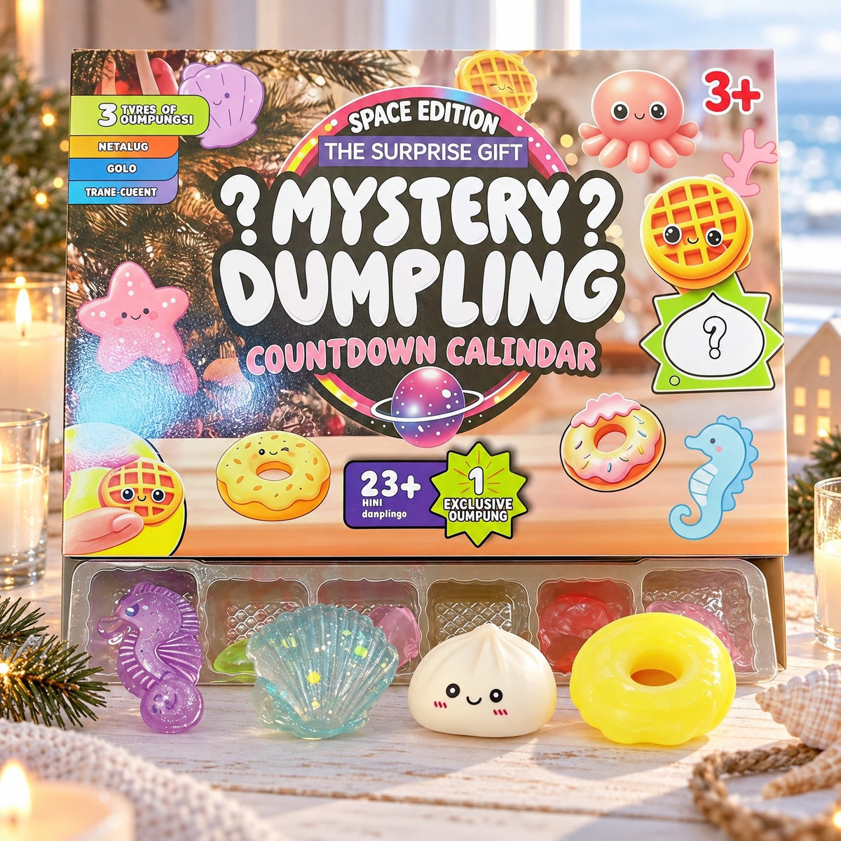Squishy Adventskalender Meerestiere mit Seepferdchen, Muschel und Dumpling vor der Box