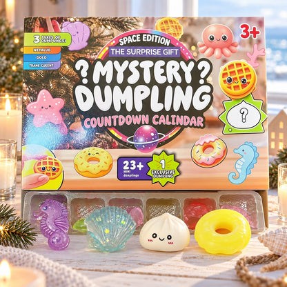 Squishy Adventskalender Meerestiere mit Seepferdchen, Muschel und Dumpling vor der Box