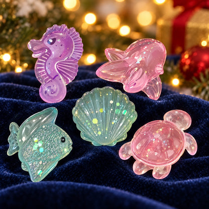 Nahaufnahme Meerestier-Squishies Seepferdchen, Fisch, Muschel und Schildkröte