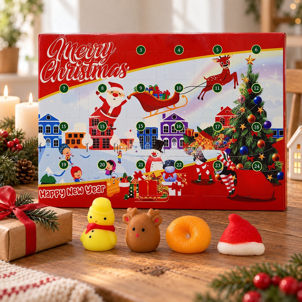 Squishy Adventskalender Merry Christmas mit Quetschfiguren auf dem Holztisch