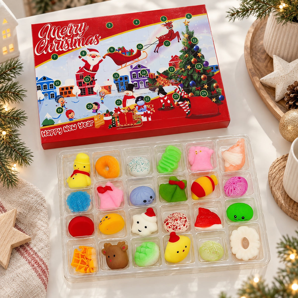 Inhalt Squishy Adventskalender Weihnachten: 24 Quetschfiguren im Einsatz