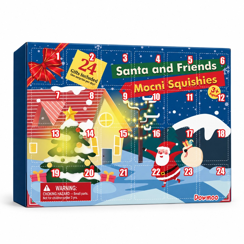 Mochi Squishy Adventskalender: dunkelblaue Box mit verschneitem Winterdorf, Weihnachtsmann und 24 Türchen