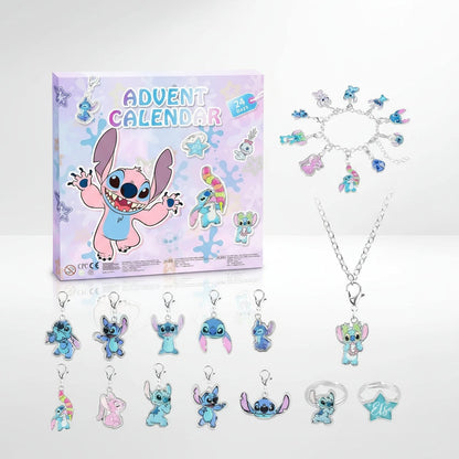 Stitch Schmuck Adventskalender 2026: pastell-lila Box, Armband mit Anhängern, Halskette, lose Anhänger und zwei Ringe