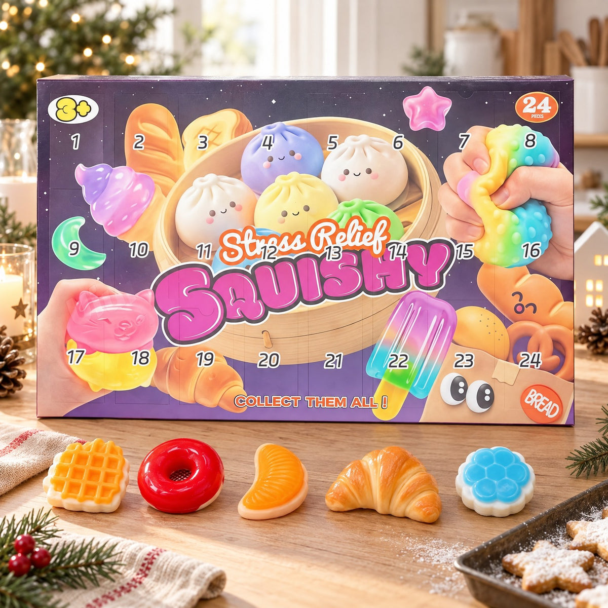 Stress Relief Squishy Adventskalender mit Gebäck-Squishies vor der Box