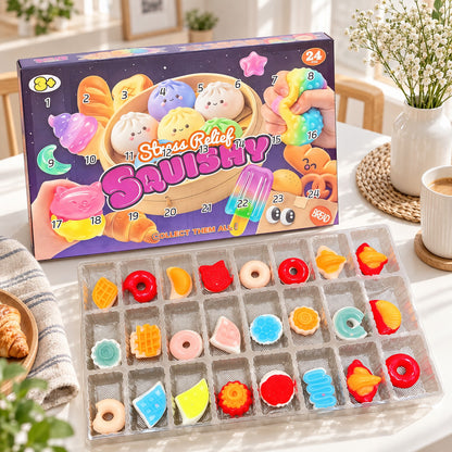 Inhalt Stress Relief Squishy Adventskalender: 24 flache Gebäck-Squishies