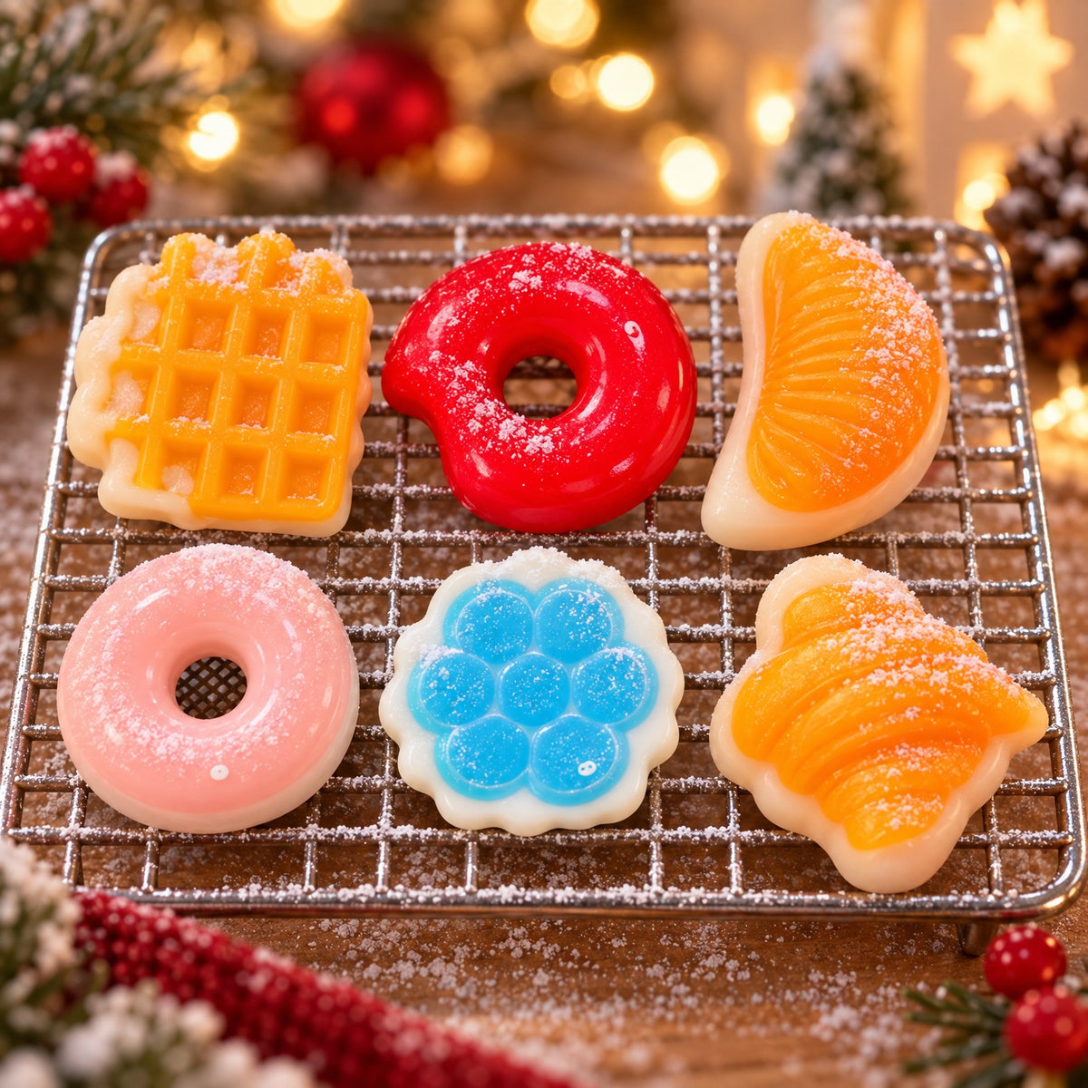 Nahaufnahme Gebäck-Squishies Waffel, Donut und Mandarine