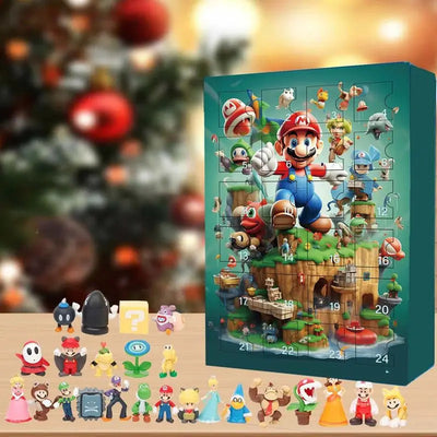Super Mario Adventskalender in grüner Box vor dem Weihnachtsbaum, davor die kleinen Sammelfiguren