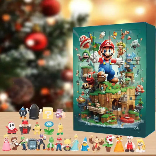 Super Mario Adventskalender in grüner Box vor dem Weihnachtsbaum, davor die kleinen Sammelfiguren