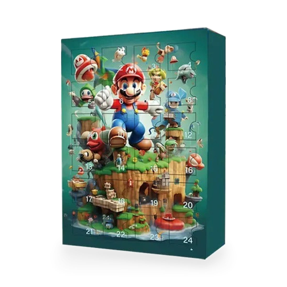 Super Mario Adventskalender in grüner Box mit Mario auf der Abenteuerinsel und 24 nummerierten Türchen