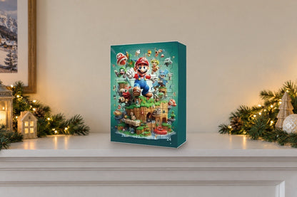 Mario-Figurenkalender mit Pilz- und Schloss-Motiv auf dem Kaminsims zwischen Tannengrün