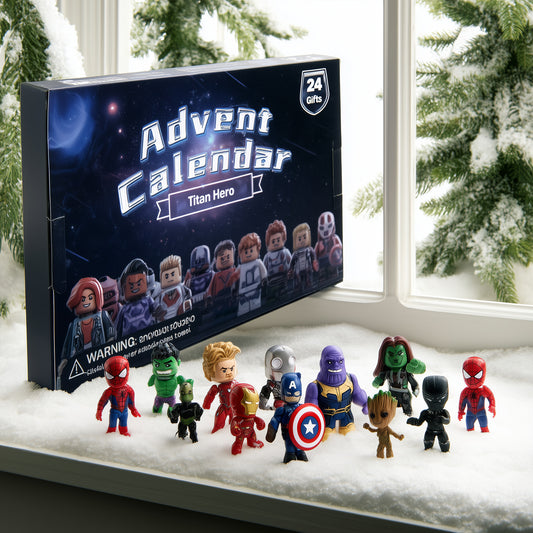 Marvel Adventskalender Titan Hero Box mit bemalten Superhelden-Minifiguren auf verschneitem Fenstersims