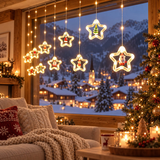 Lichtervorhang Weihnachten mit Sternen und kleinen Figuren am Chalet-Fenster mit Blick auf das Bergdorf