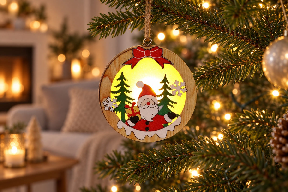 Runder LED-Holzanhänger mit Weihnachtsmann am Christbaum im Wohnzimmer