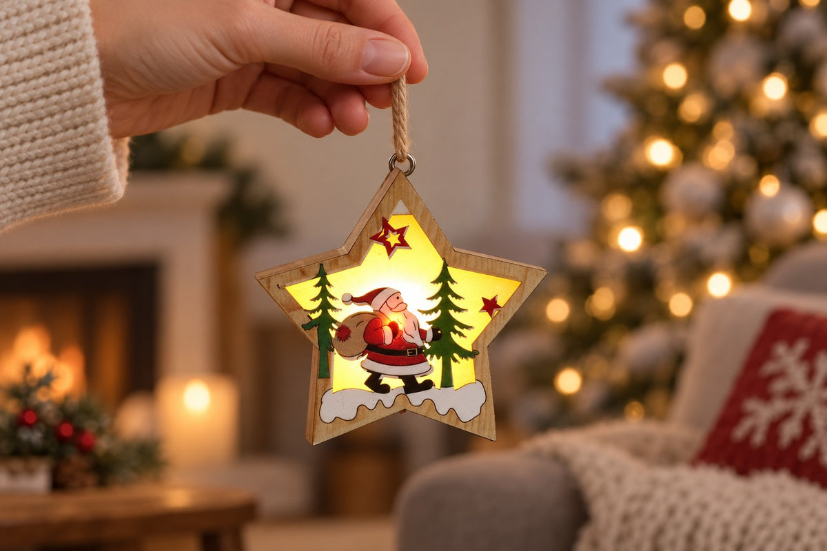 Holzstern mit Weihnachtsmann in der Hand, zeigt die Grösse von rund 11 cm