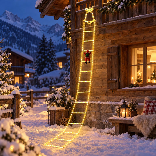 Weihnachtsmann Leiter warmweiss, 3 m mit Glocke an der verschneiten Chalet-Fassade, kletternder Weihnachtsmann