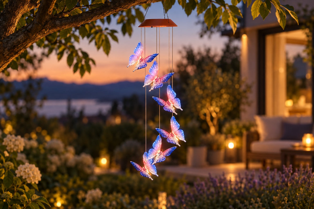 Solar Windspiel Schmetterling leuchtet abends am Baum im Garten mit sanftem Farbwechsel