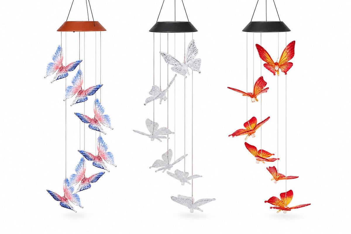 Solar Windspiel Schmetterling in allen drei Farben Blau, Transparent und Orange, Gesamtansicht