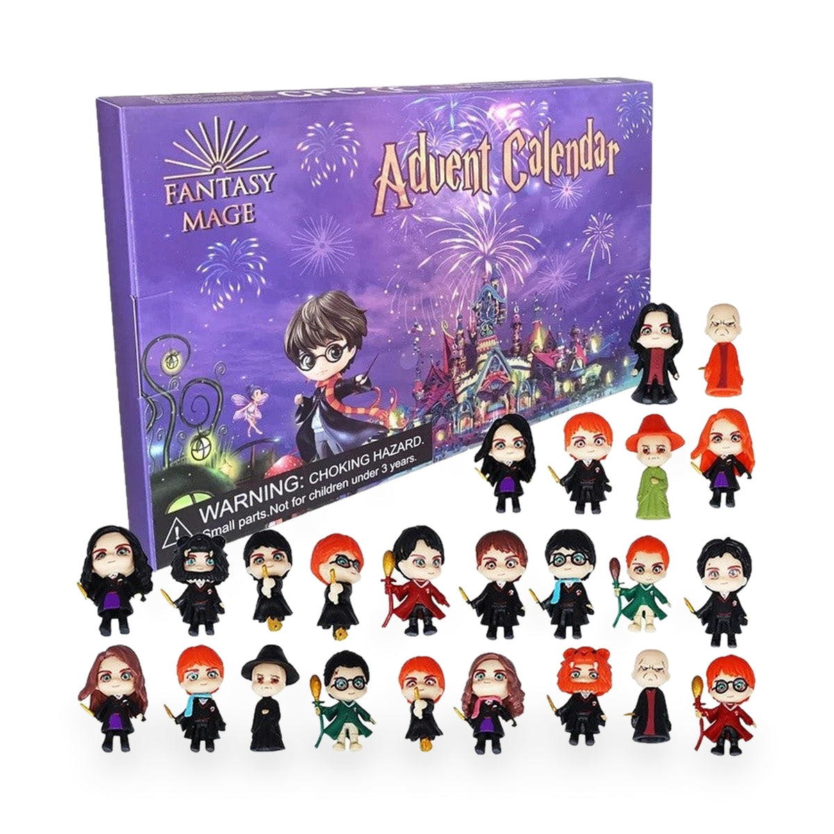 Zauberer Adventskalender „Fantasy Mage“ in lila Box mit Schlossmotiv, davor 24 Zauberschüler-Figuren mit Umhang und Besen